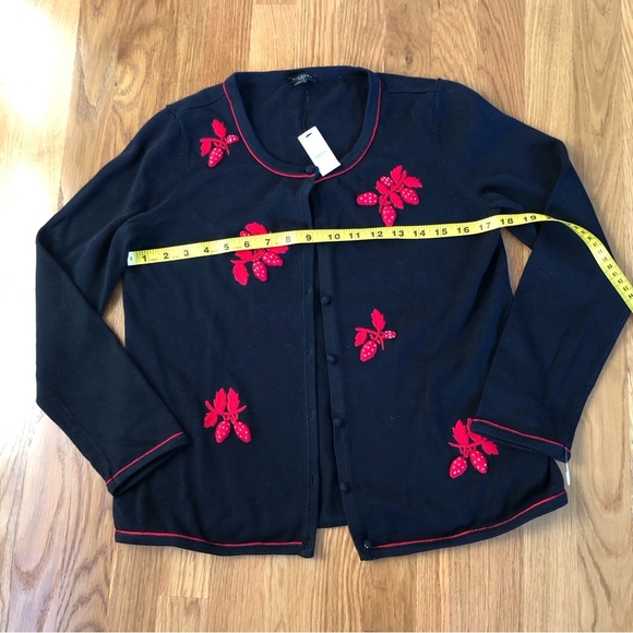 Talbots Embroidered Strawberry Sweater Cardigan NWT Navy Blue Size MP - Picture 8 of 9
